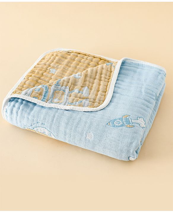 Babyhug 100% Pure Cotton Six Layer Baby Blanket Space Print  Super Soft & Absorbent| All Season Blanket| New Born Gifting| Bath Towel, Wrapper, Feeding Towel| Machine Washable- Blue
