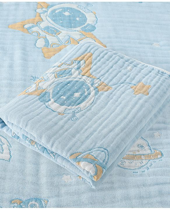 Babyhug 100% Pure Cotton Six Layer Baby Blanket Space Print  Super Soft & Absorbent| All Season Blanket| New Born Gifting| Bath Towel, Wrapper, Feeding Towel| Machine Washable- Blue