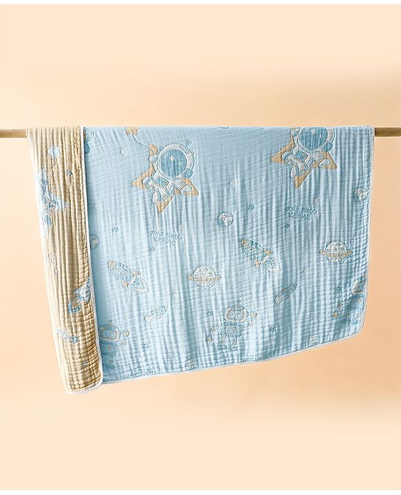 Babyhug 100% Pure Cotton Six Layer Baby Blanket Space Print  Super Soft & Absorbent| All Season Blanket| New Born Gifting| Bath Towel, Wrapper, Feeding Towel| Machine Washable- Blue