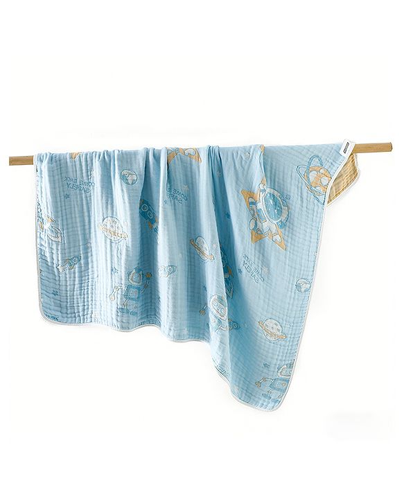Babyhug 100% Pure Cotton Six Layer Baby Blanket Space Print  Super Soft & Absorbent| All Season Blanket| New Born Gifting| Bath Towel, Wrapper, Feeding Towel| Machine Washable- Blue