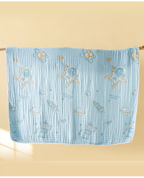 Babyhug 100% Pure Cotton Six Layer Baby Blanket Space Print  Super Soft & Absorbent| All Season Blanket| New Born Gifting| Bath Towel, Wrapper, Feeding Towel| Machine Washable- Blue