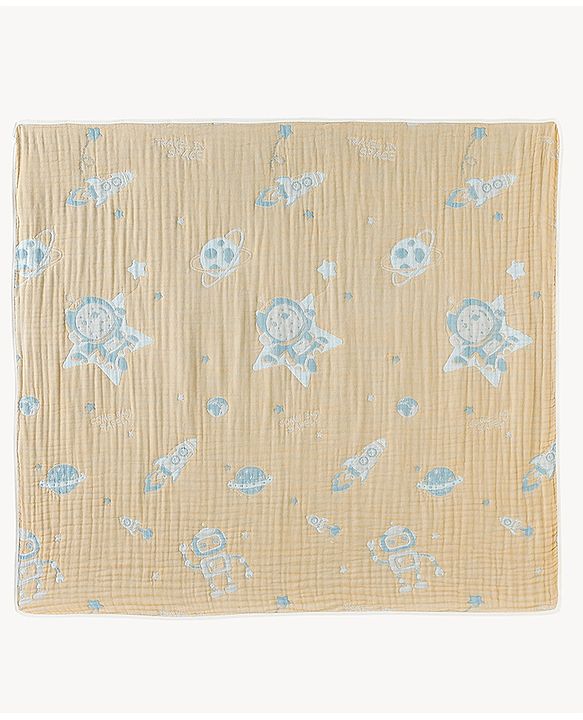 Babyhug 100% Pure Cotton Six Layer Baby Blanket Space Print  Super Soft & Absorbent| All Season Blanket| New Born Gifting| Bath Towel, Wrapper, Feeding Towel| Machine Washable- Blue