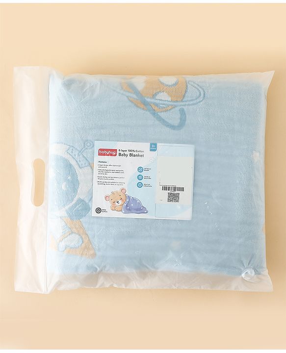 Babyhug 100% Pure Cotton Six Layer Baby Blanket Space Print  Super Soft & Absorbent| All Season Blanket| New Born Gifting| Bath Towel, Wrapper, Feeding Towel| Machine Washable- Blue