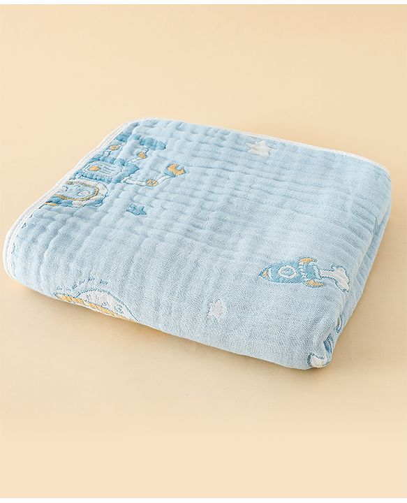 Babyhug 100% Pure Cotton Six Layer Baby Blanket Space Print  Super Soft & Absorbent| All Season Blanket| New Born Gifting| Bath Towel, Wrapper, Feeding Towel| Machine Washable- Blue