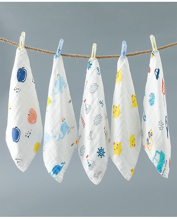 Babyhug 6 Layer Muslin Wash Cloth 100% Cotton| High Absorbency| Ultra Soft| Feeding & Diapering Essential| Machine Washable & Re-usable| Bath & Toweling Pack of 5 - Multicolour