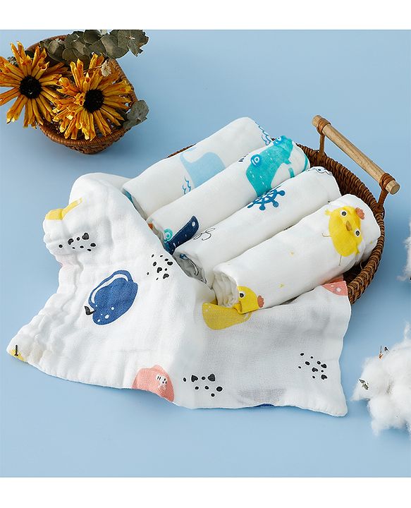 Babyhug 6 Layer Muslin Wash Cloth 100% Cotton| High Absorbency| Ultra Soft| Feeding & Diapering Essential| Machine Washable & Re-usable| Bath & Toweling Pack of 5 - Multicolour