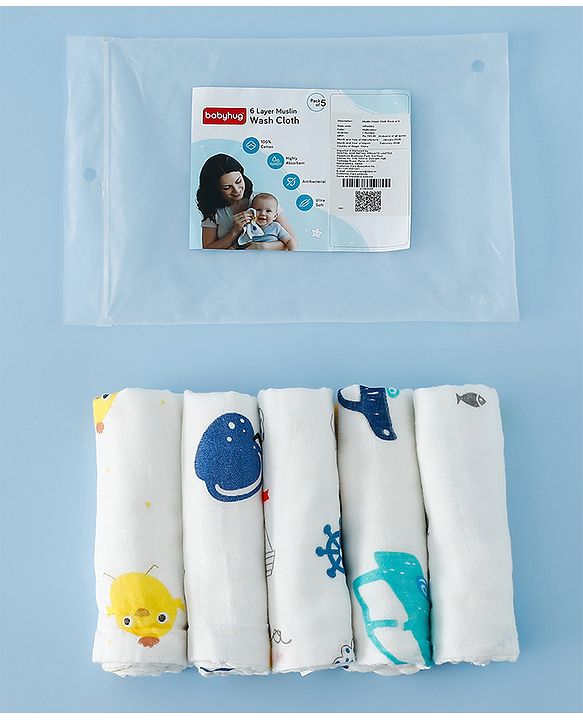 Babyhug 6 Layer Muslin Wash Cloth 100% Cotton| High Absorbency| Ultra Soft| Feeding & Diapering Essential| Machine Washable & Re-usable| Bath & Toweling Pack of 5 - Multicolour
