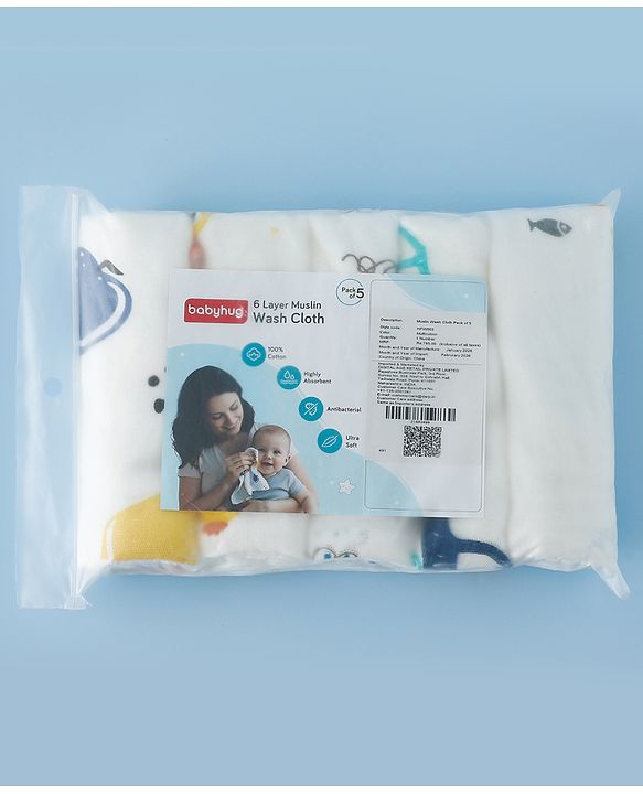 Babyhug 6 Layer Muslin Wash Cloth 100% Cotton| High Absorbency| Ultra Soft| Feeding & Diapering Essential| Machine Washable & Re-usable| Bath & Toweling Pack of 5 - Multicolour