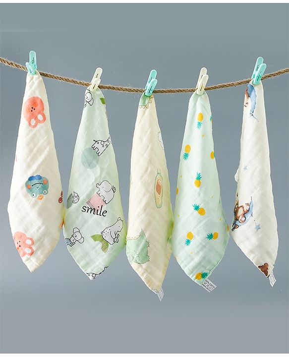 Babyhug 6 Layer Muslin Wash Cloth  100% Cotton High Absorbency Ultra Soft Feeding & Diapering Essential Machine Washable & Re-usable Bath & Toweling Pack of 5 - Multicolour