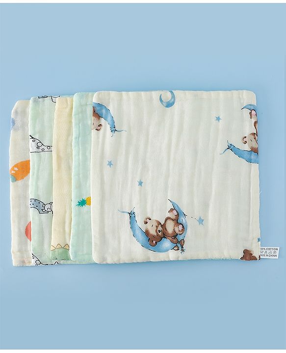 Babyhug 6 Layer Muslin Wash Cloth  100% Cotton High Absorbency Ultra Soft Feeding & Diapering Essential Machine Washable & Re-usable Bath & Toweling Pack of 5 - Multicolour
