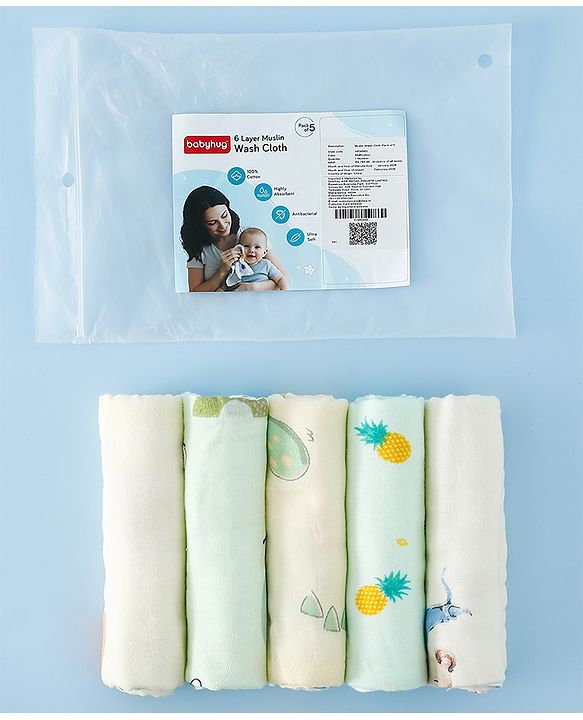 Babyhug 6 Layer Muslin Wash Cloth  100% Cotton High Absorbency Ultra Soft Feeding & Diapering Essential Machine Washable & Re-usable Bath & Toweling Pack of 5 - Multicolour
