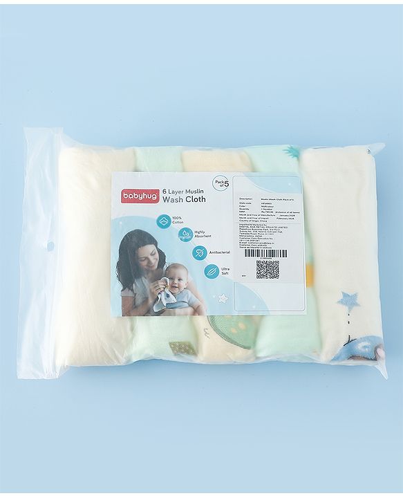 Babyhug 6 Layer Muslin Wash Cloth  100% Cotton High Absorbency Ultra Soft Feeding & Diapering Essential Machine Washable & Re-usable Bath & Toweling Pack of 5 - Multicolour
