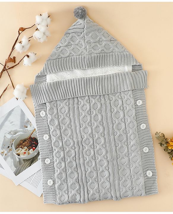 Babyhug Premium Hooded Knitted Blanket Sleeping Bag with Soft Fur Lining| Light Weight| Warm & Cozy Winter Wrapper| Machine Washable| Button Closure| 0 to 12 months| New Born Gifting - Grey