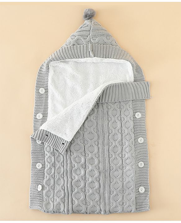 Babyhug Premium Hooded Knitted Blanket Sleeping Bag with Soft Fur Lining| Light Weight| Warm & Cozy Winter Wrapper| Machine Washable| Button Closure| 0 to 12 months| New Born Gifting - Grey