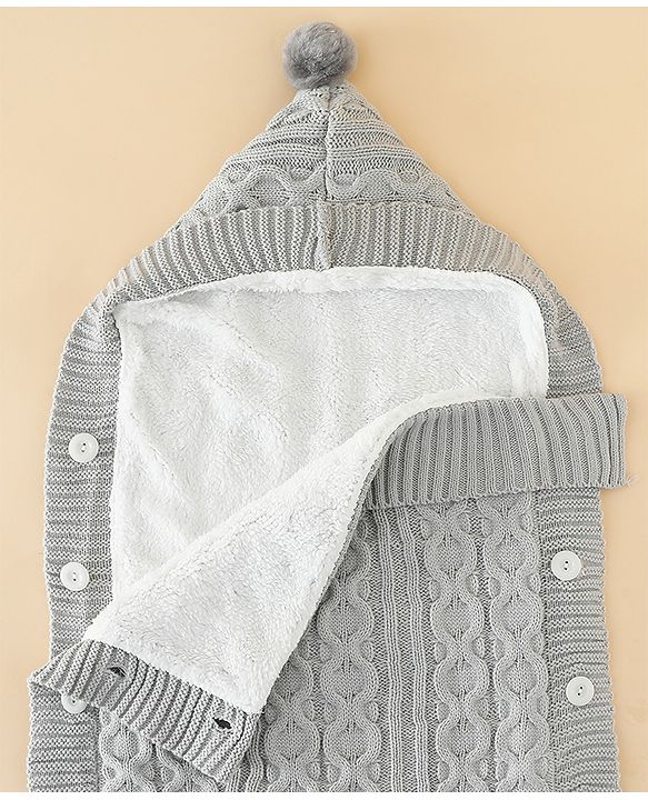 Babyhug Premium Hooded Knitted Blanket Sleeping Bag with Soft Fur Lining| Light Weight| Warm & Cozy Winter Wrapper| Machine Washable| Button Closure| 0 to 12 months| New Born Gifting - Grey