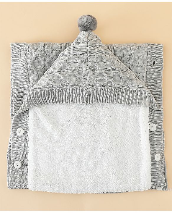 Babyhug Premium Hooded Knitted Blanket Sleeping Bag with Soft Fur Lining| Light Weight| Warm & Cozy Winter Wrapper| Machine Washable| Button Closure| 0 to 12 months| New Born Gifting - Grey