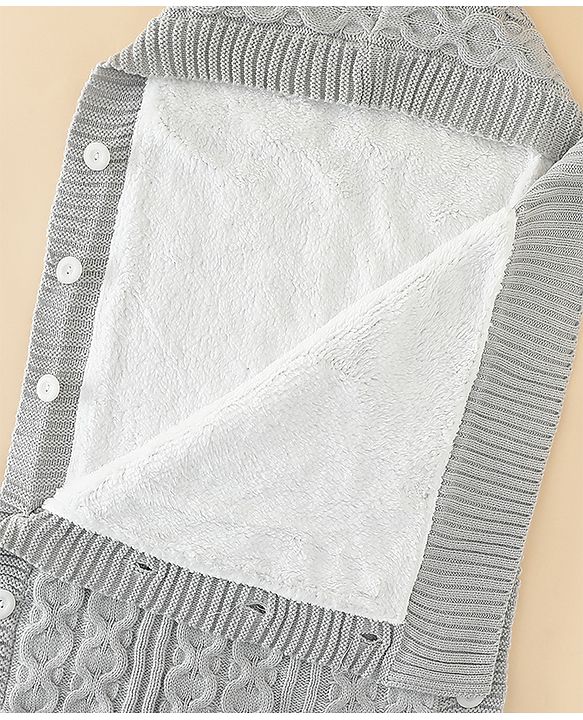 Babyhug Premium Hooded Knitted Blanket Sleeping Bag with Soft Fur Lining| Light Weight| Warm & Cozy Winter Wrapper| Machine Washable| Button Closure| 0 to 12 months| New Born Gifting - Grey