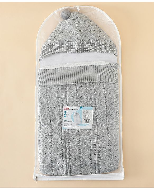 Babyhug Premium Hooded Knitted Blanket Sleeping Bag with Soft Fur Lining| Light Weight| Warm & Cozy Winter Wrapper| Machine Washable| Button Closure| 0 to 12 months| New Born Gifting - Grey