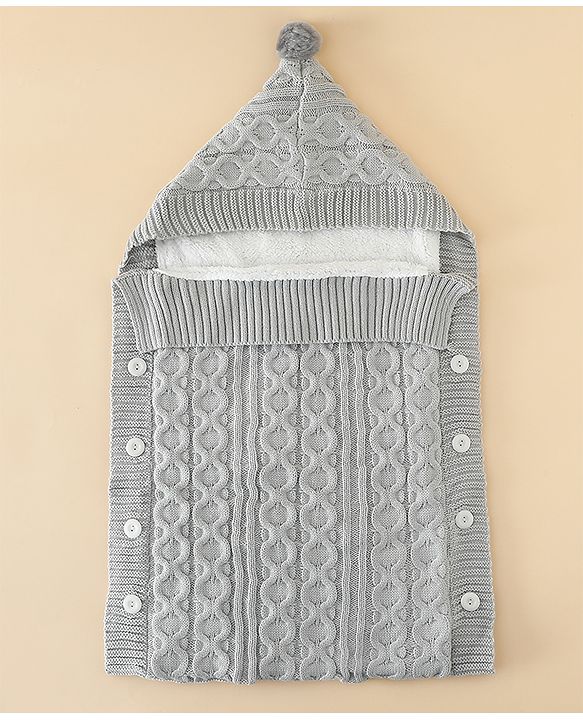 Babyhug Premium Hooded Knitted Blanket Sleeping Bag with Soft Fur Lining| Light Weight| Warm & Cozy Winter Wrapper| Machine Washable| Button Closure| 0 to 12 months| New Born Gifting - Grey