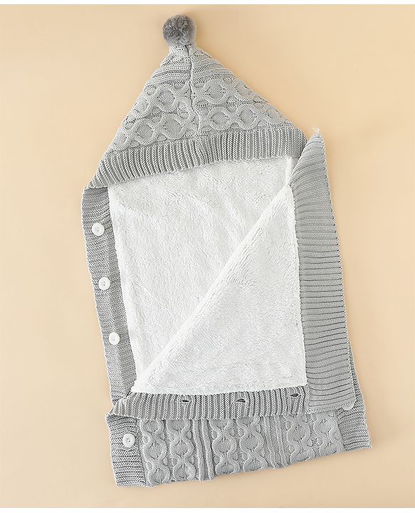 Babyhug Premium Hooded Knitted Blanket Sleeping Bag with Soft Fur Lining| Light Weight| Warm & Cozy Winter Wrapper| Machine Washable| Button Closure| 0 to 12 months| New Born Gifting - Grey