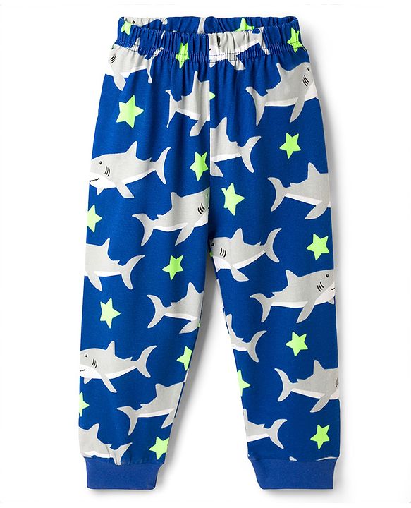 Babyhug Cotton Knit Full Sleeves T-Shirt & Pyjama Co-ord Night Suit With Shark Print - Blue