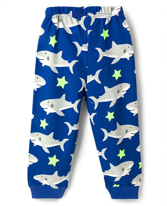 Babyhug Cotton Knit Full Sleeves T-Shirt & Pyjama Co-ord Night Suit With Shark Print - Blue