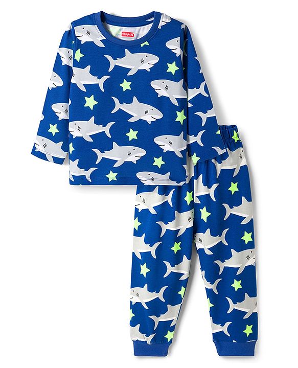 Babyhug Cotton Knit Full Sleeves T-Shirt & Pyjama Co-ord Night Suit With Shark Print - Blue