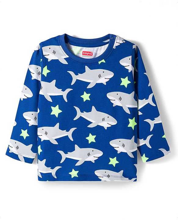 Babyhug Cotton Knit Full Sleeves T-Shirt & Pyjama Co-ord Night Suit With Shark Print - Blue