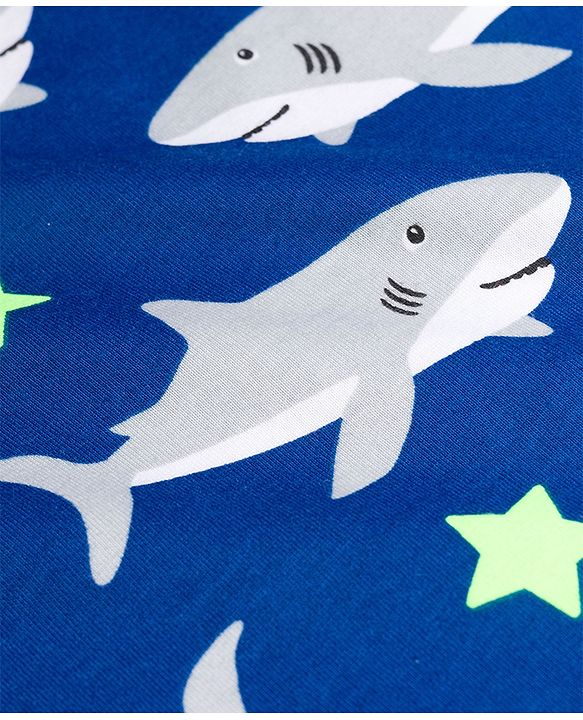 Babyhug Cotton Knit Full Sleeves T-Shirt & Pyjama Co-ord Night Suit With Shark Print - Blue
