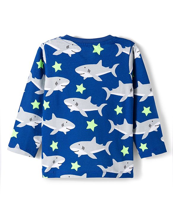 Babyhug Cotton Knit Full Sleeves T-Shirt & Pyjama Co-ord Night Suit With Shark Print - Blue