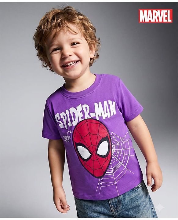 Babyhug Marvel Cotton Knit T-Shirt with Spider-Man Graphic Half Sleeves Round Neck Purple