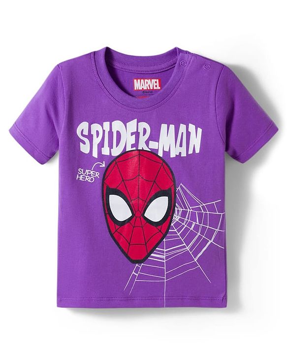 Babyhug Marvel Cotton Knit T-Shirt with Spider-Man Graphic Half Sleeves Round Neck Purple