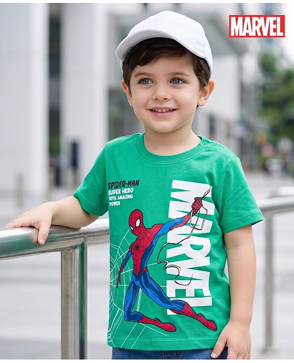 Babyhug Marvel Cotton Knit T-Shirt with Spider-Man Graphic Half Sleeves Round Neck GREEN 6-9 Months