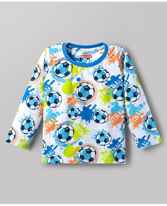 Babyhug Cotton Knit Full Sleeves Football Printed T-Shirt & Pyjama Co-Ord Night Suit - White