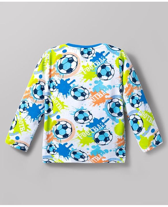Babyhug Cotton Knit Full Sleeves Football Printed T-Shirt & Pyjama Co-Ord Night Suit - White
