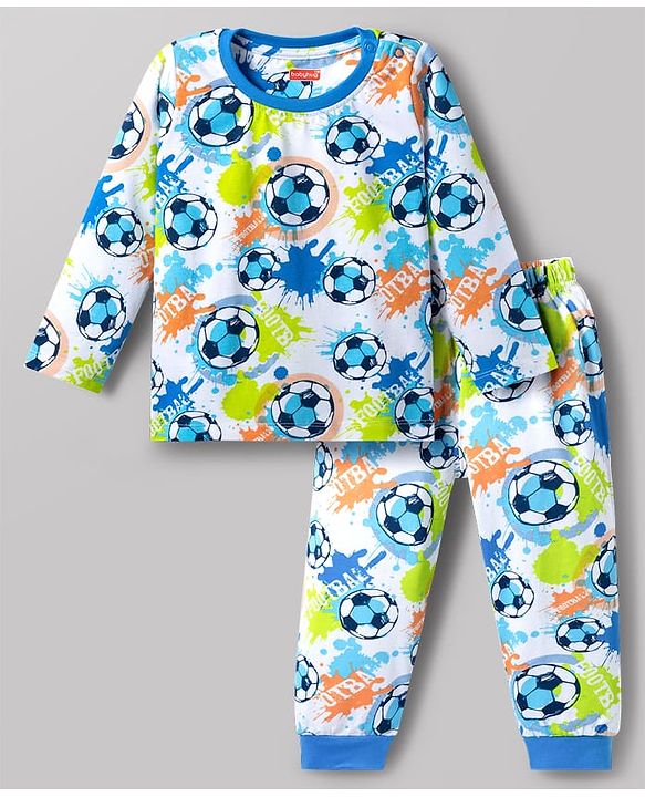 Babyhug Cotton Knit Full Sleeves Football Printed T-Shirt & Pyjama Co-Ord Night Suit - White