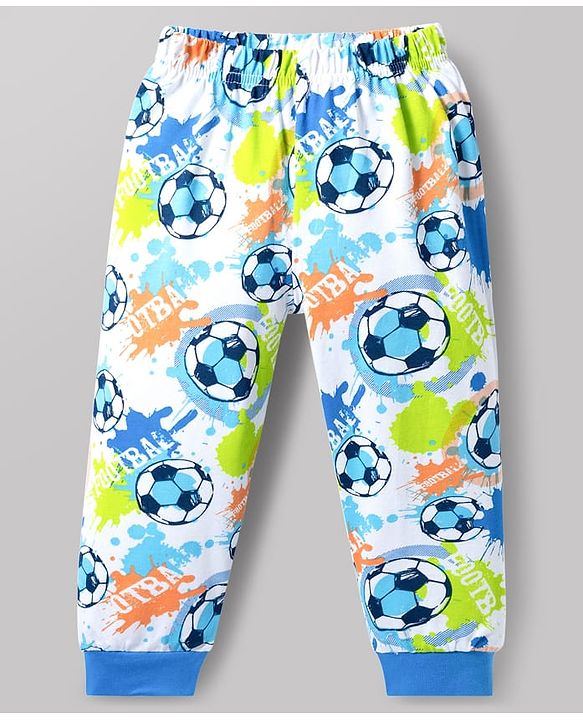 Babyhug Cotton Knit Full Sleeves Football Printed T-Shirt & Pyjama Co-Ord Night Suit - White