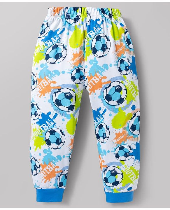 Babyhug Cotton Knit Full Sleeves Football Printed T-Shirt & Pyjama Co-Ord Night Suit - White