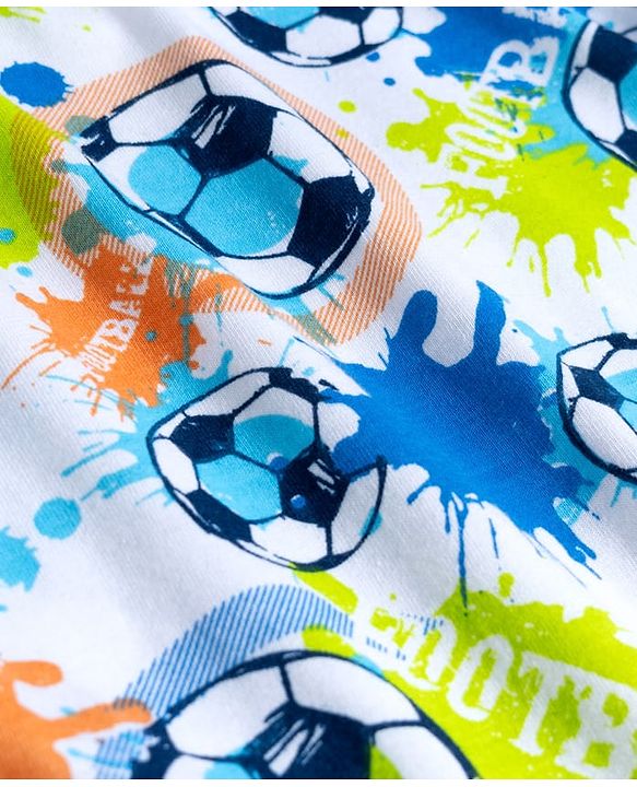 Babyhug Cotton Knit Full Sleeves Football Printed T-Shirt & Pyjama Co-Ord Night Suit - White