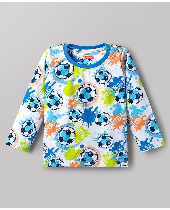 Babyhug Cotton Knit Full Sleeves Football Printed T-Shirt & Pyjama Co-Ord Night Suit - White