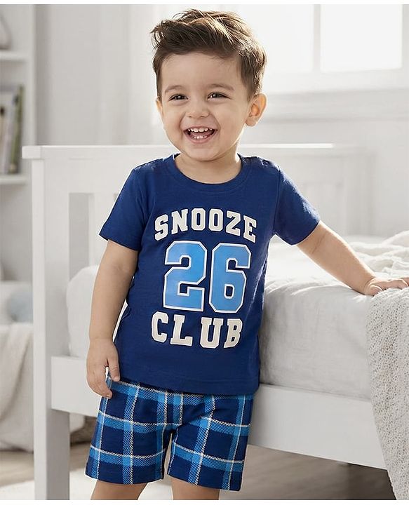 Babyhug Cotton Knit Full Sleeves T-Shirt & Shorts Night Suit With Text Print - Navy Blue