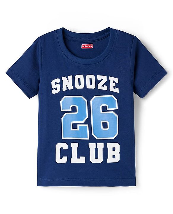 Babyhug Cotton Knit Full Sleeves T-Shirt & Shorts Night Suit With Text Print - Navy Blue