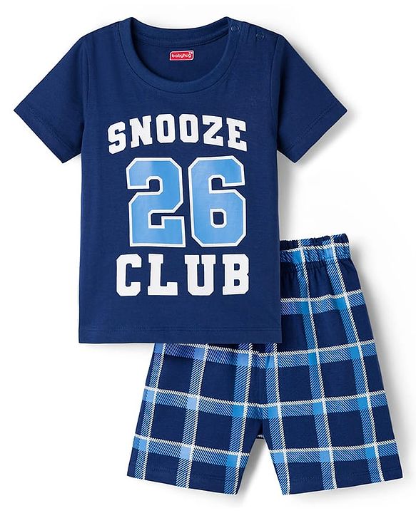 Babyhug Cotton Knit Full Sleeves T-Shirt & Shorts Night Suit With Text Print - Navy Blue