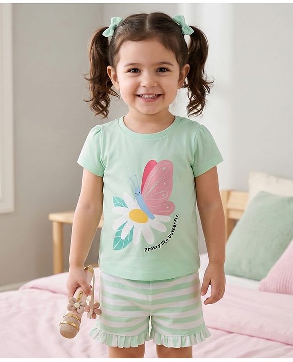 Babyhug Cotton Knit Half Sleeves Floral & Butterfly Printed & Striped T-Shirt & Shorts Night Suit - Light Green