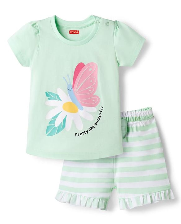Babyhug Cotton Knit Half Sleeves Floral & Butterfly Printed & Striped T-Shirt & Shorts Night Suit - Light Green