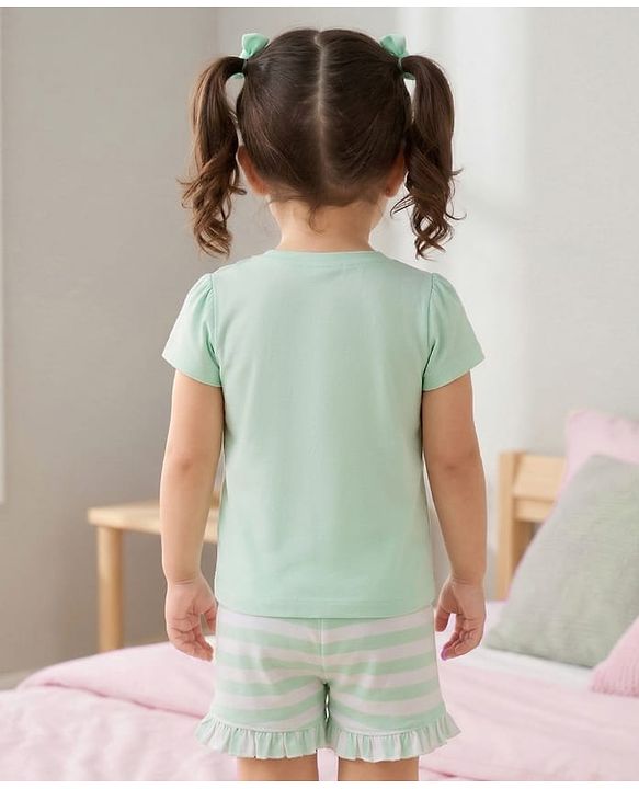 Babyhug Cotton Knit Half Sleeves Floral & Butterfly Printed & Striped T-Shirt & Shorts Night Suit - Light Green