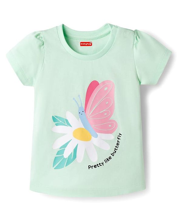 Babyhug Cotton Knit Half Sleeves Floral & Butterfly Printed & Striped T-Shirt & Shorts Night Suit - Light Green