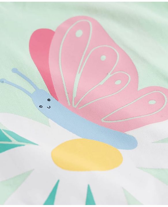 Babyhug Cotton Knit Half Sleeves Floral & Butterfly Printed & Striped T-Shirt & Shorts Night Suit - Light Green