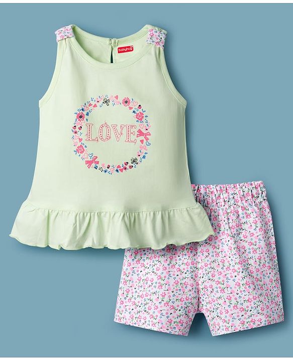 Babyhug Cotton Knit Sleeveless T-Shirt & Shorts Night Suit With Floral Print - Light Green