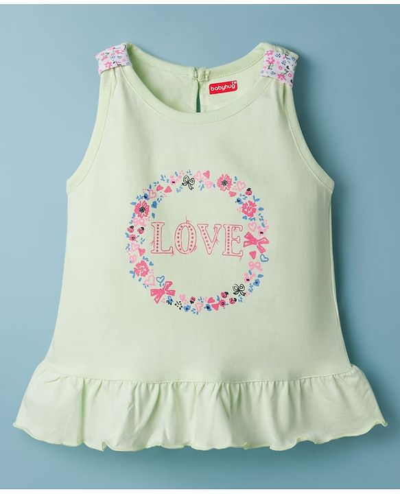 Babyhug Cotton Knit Sleeveless T-Shirt & Shorts Night Suit With Floral Print - Light Green